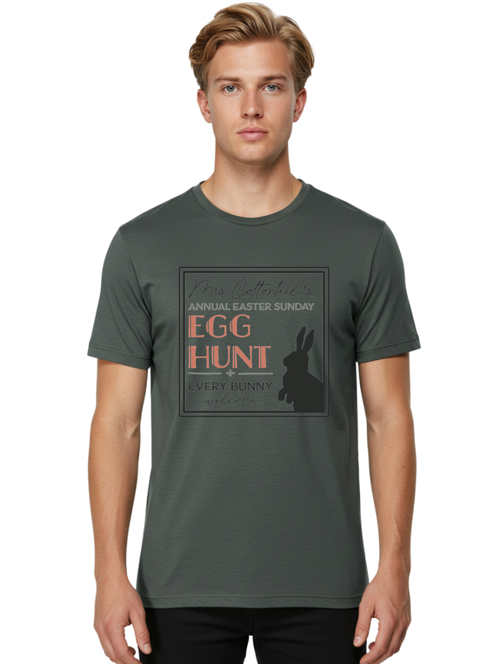 Mrs Cottontails Easter Egg Hunt Men'S Graphic Tee, 100% Cotton, Comfortable Casual Summer Wear, Machine Washable, Easter Egg Hunt, Easter Sunday, Mrs. Cottontail, Bunny Silhouette, Easter Event Invitation, Easter Celebration, Aae515
