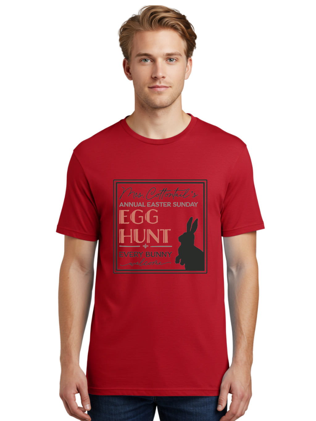 Mrs Cottontails Easter Egg Hunt Men'S Graphic Tee, 100% Cotton, Comfortable Casual Summer Wear, Machine Washable, Easter Egg Hunt, Easter Sunday, Mrs. Cottontail, Bunny Silhouette, Easter Event Invitation, Easter Celebration, Aae515