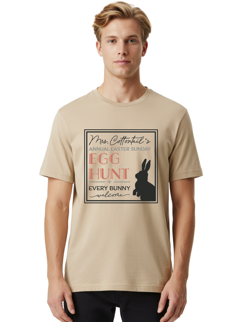 Mrs Cottontails Easter Egg Hunt Men'S Graphic Tee, 100% Cotton, Comfortable Casual Summer Wear, Machine Washable, Easter Egg Hunt, Easter Sunday, Mrs. Cottontail, Bunny Silhouette, Easter Event Invitation, Easter Celebration, Aae515