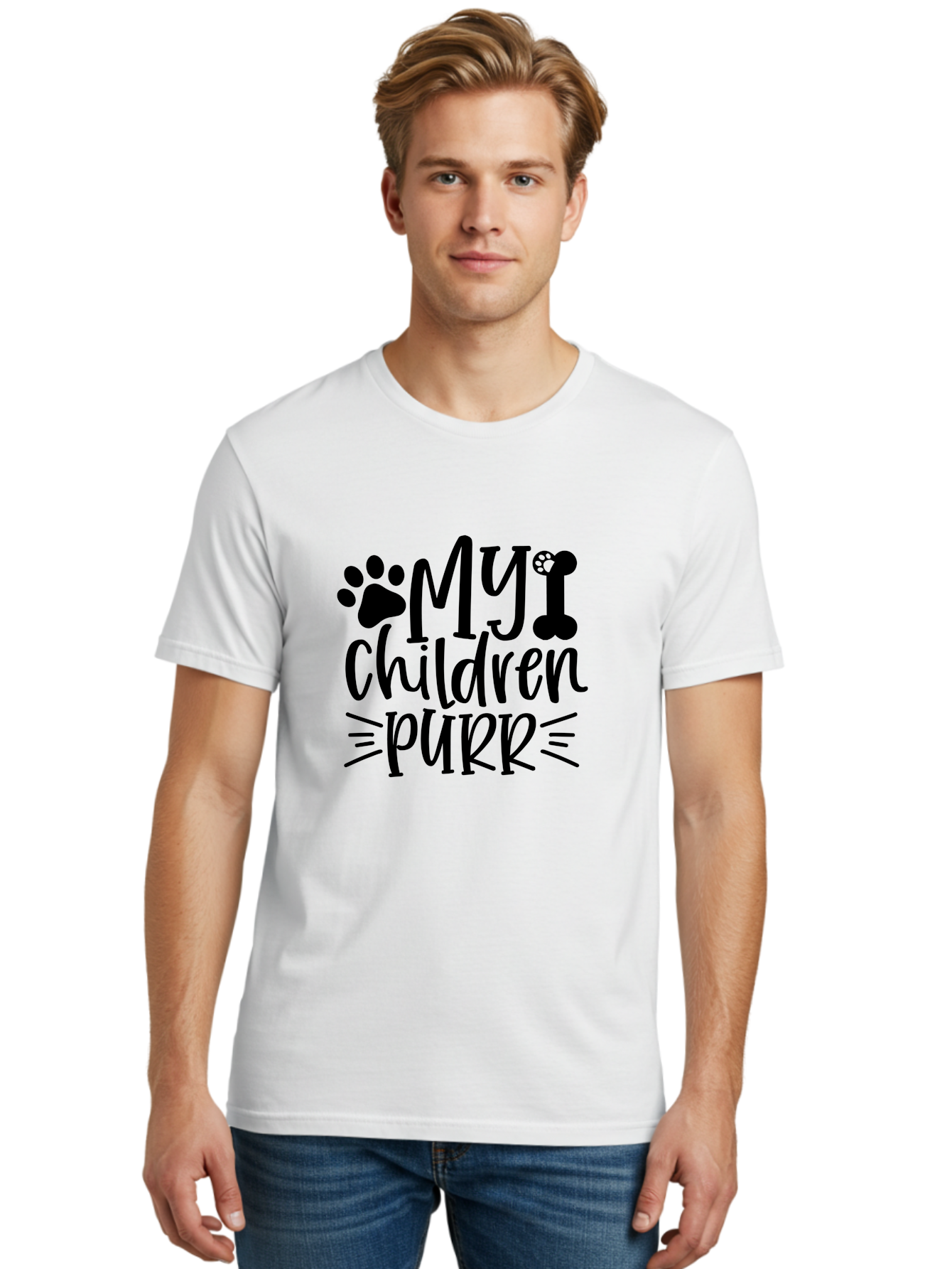 My Children Purr Men'S Graphic Tee, 100% Cotton, Comfortable Casual Summer Wear, Machine Washable, Funny Cat Quote, Cat Mom Humor, Cat Lover Gift, Paw Print Design, Dog Bone Graphic, Pet Parenting, Whimsical Typography Aae518