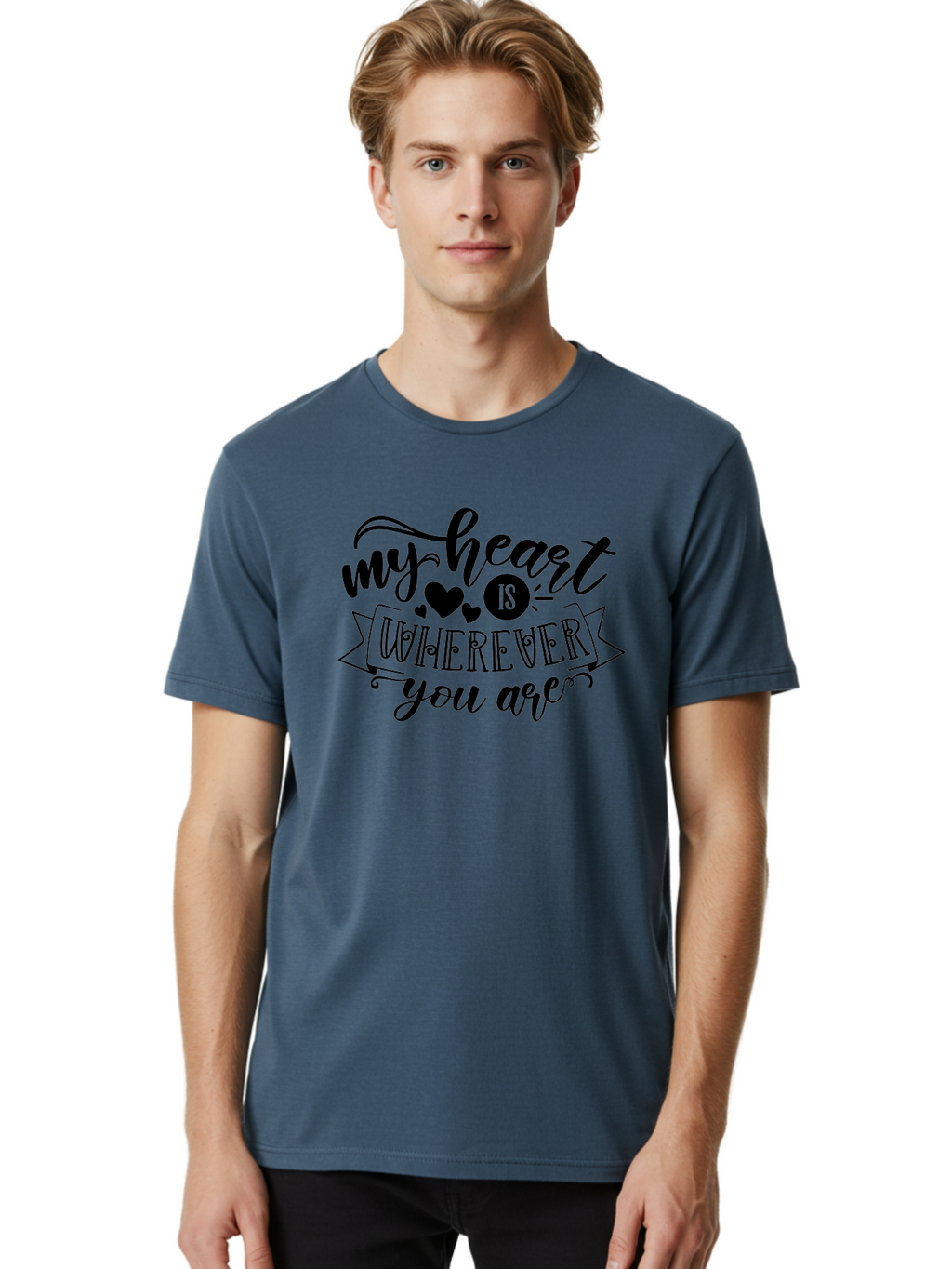 My Heart Is Wherever You Are Men'S Graphic Tee, 100% Cotton, Comfortable Casual Summer Wear, Machine Washable, Love Quote, Heart Shaped Typography, Romantic Phrase, Heartfelt Message, Cute Design, Inspirational Words, Emotional Quote, Aae520