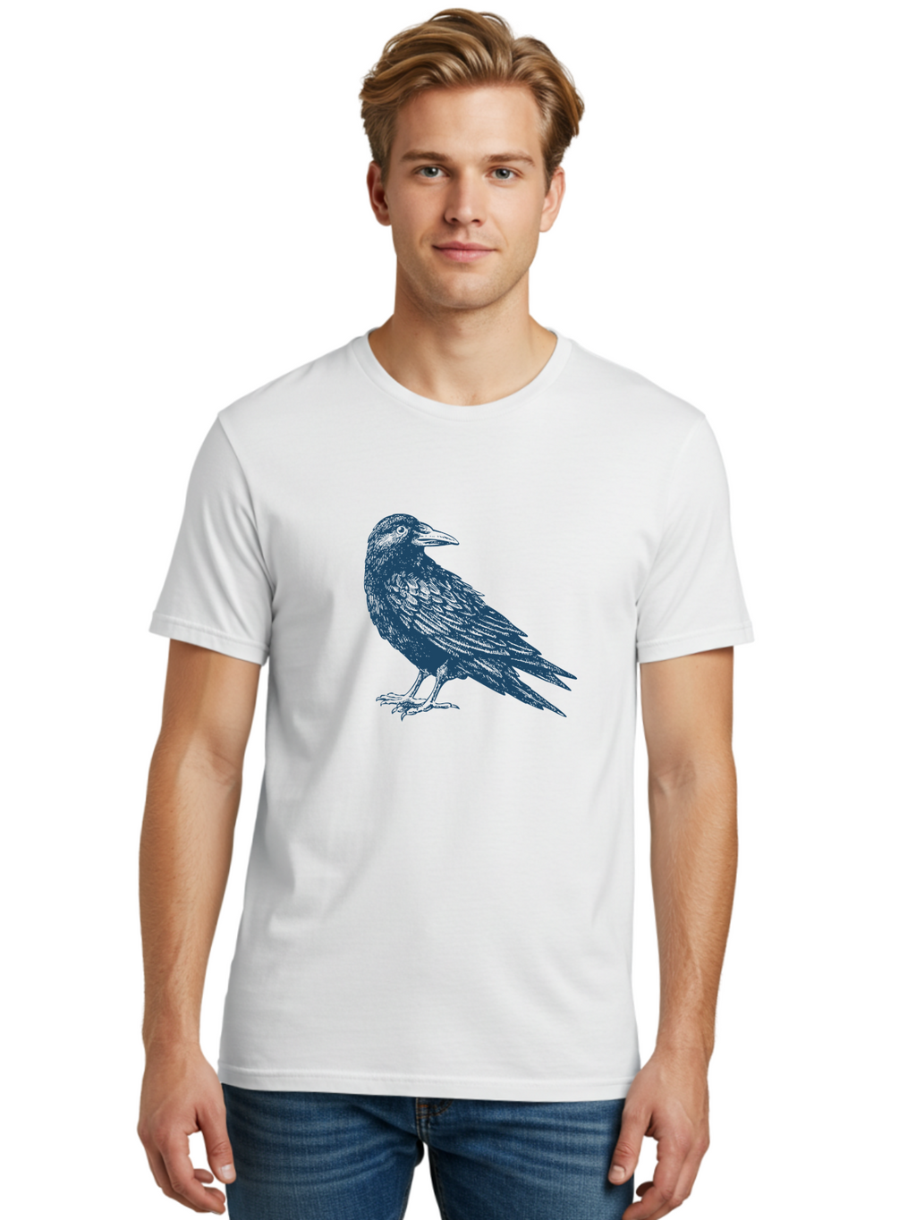 Mystic Raven Men'S Graphic Tee, 100% Cotton, Comfortable Casual Summer Wear, Machine Washable, Dark Crow, Raven Silhouette, Bird Illustration, Mysterious Animal, Wildlife Art, Gothic Symbol, Sharp Beak, Feathered Creature, Symbolic Bird Aae527