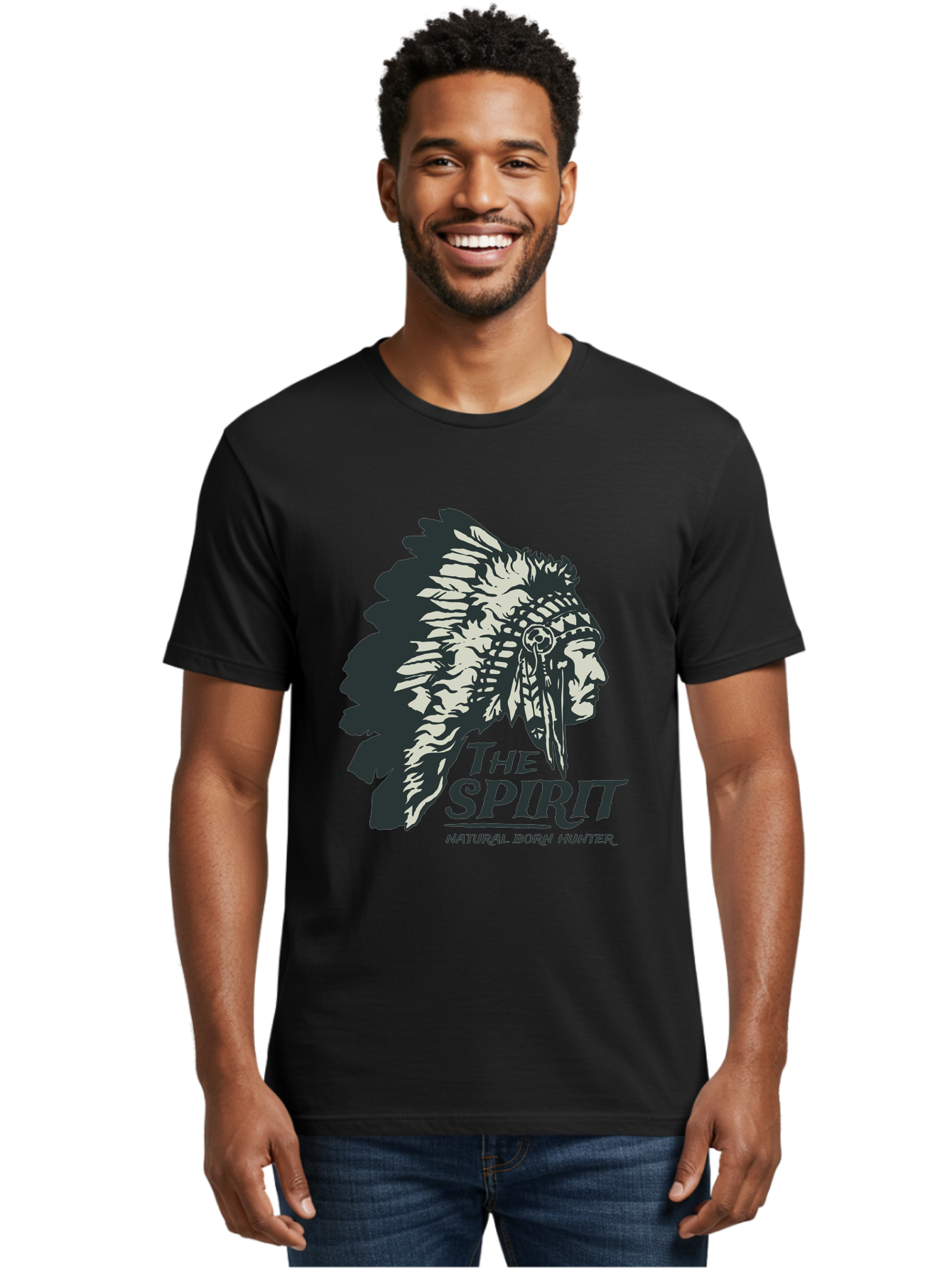 Natural Born Hunter Men'S Graphic Tee, 100% Cotton, Comfortable Casual Summer Wear, Machine Washable, Native American Chief, Feathered Headdress, Natural Born Hunter, Tribal Heritage, Outdoorsman, Hunting Culture, Rugged Individualism, Aae532