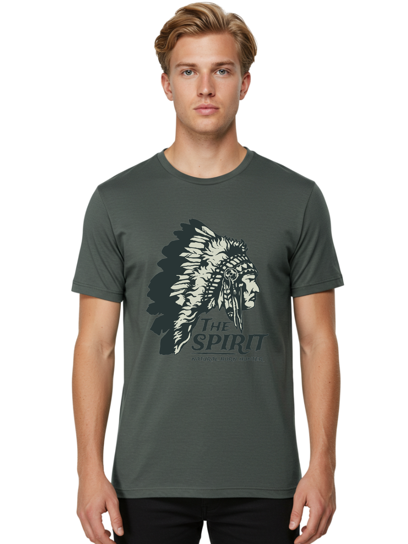 Natural Born Hunter Men'S Graphic Tee, 100% Cotton, Comfortable Casual Summer Wear, Machine Washable, Native American Chief, Feathered Headdress, Natural Born Hunter, Tribal Heritage, Outdoorsman, Hunting Culture, Rugged Individualism, Aae532