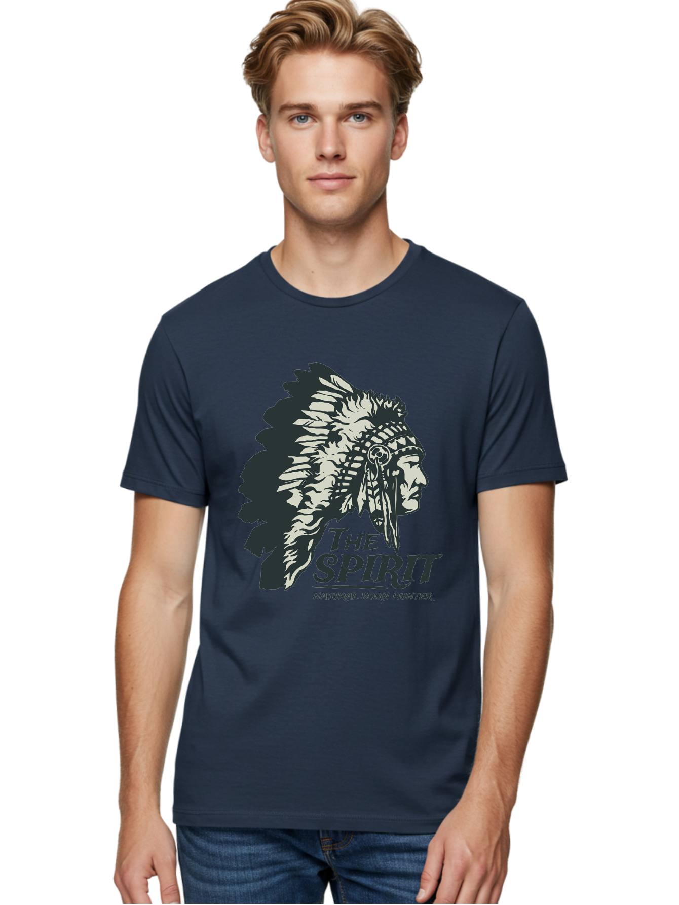 Natural Born Hunter Men'S Graphic Tee, 100% Cotton, Comfortable Casual Summer Wear, Machine Washable, Native American Chief, Feathered Headdress, Natural Born Hunter, Tribal Heritage, Outdoorsman, Hunting Culture, Rugged Individualism, Aae532