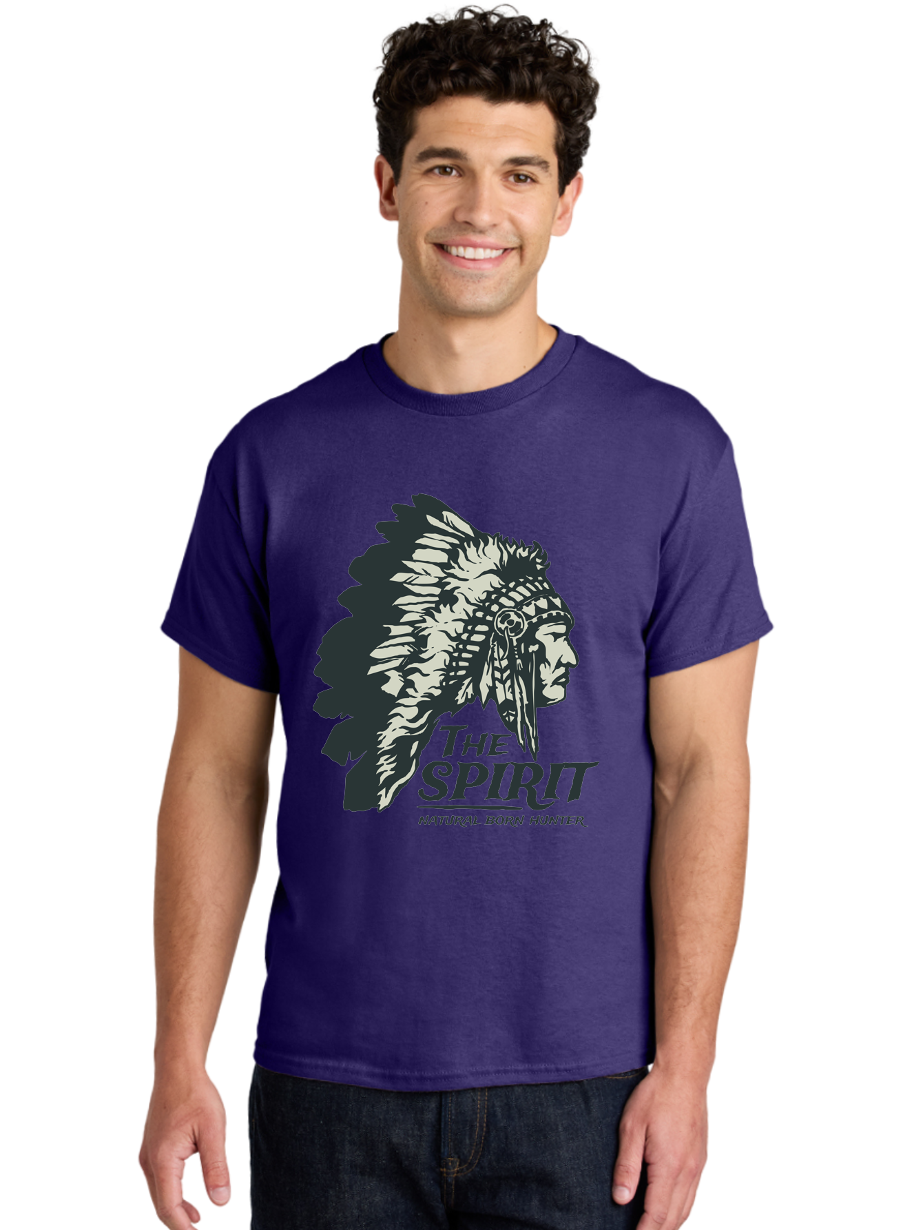 Natural Born Hunter Men'S Graphic Tee, 100% Cotton, Comfortable Casual Summer Wear, Machine Washable, Native American Chief, Feathered Headdress, Natural Born Hunter, Tribal Heritage, Outdoorsman, Hunting Culture, Rugged Individualism, Aae532