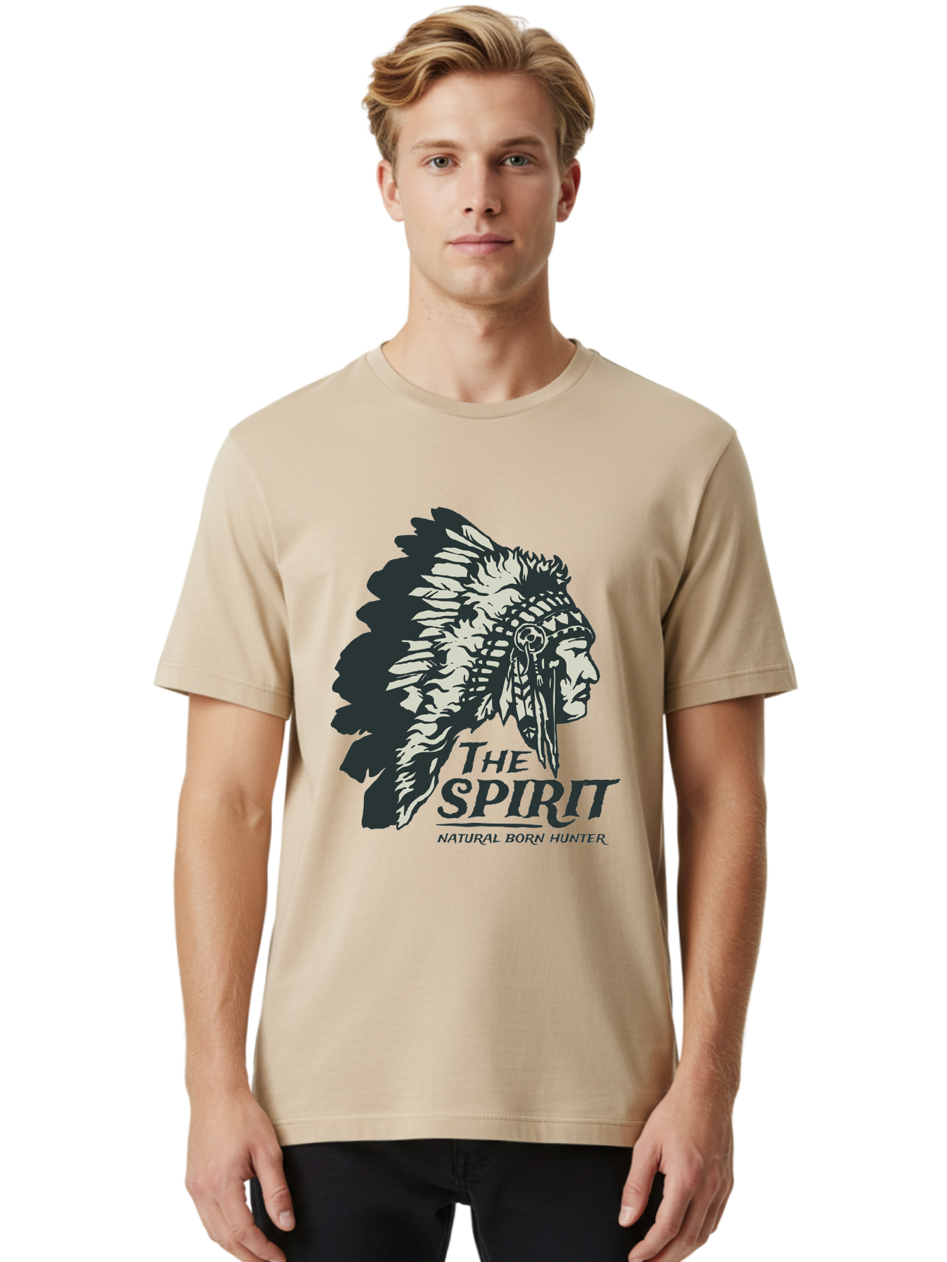 Natural Born Hunter Men'S Graphic Tee, 100% Cotton, Comfortable Casual Summer Wear, Machine Washable, Native American Chief, Feathered Headdress, Natural Born Hunter, Tribal Heritage, Outdoorsman, Hunting Culture, Rugged Individualism, Aae532
