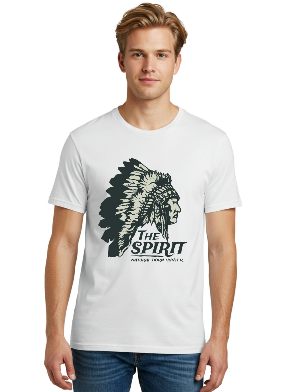 Natural Born Hunter Men'S Graphic Tee, 100% Cotton, Comfortable Casual Summer Wear, Machine Washable, Native American Chief, Feathered Headdress, Natural Born Hunter, Tribal Heritage, Outdoorsman, Hunting Culture, Rugged Individualism, Aae532