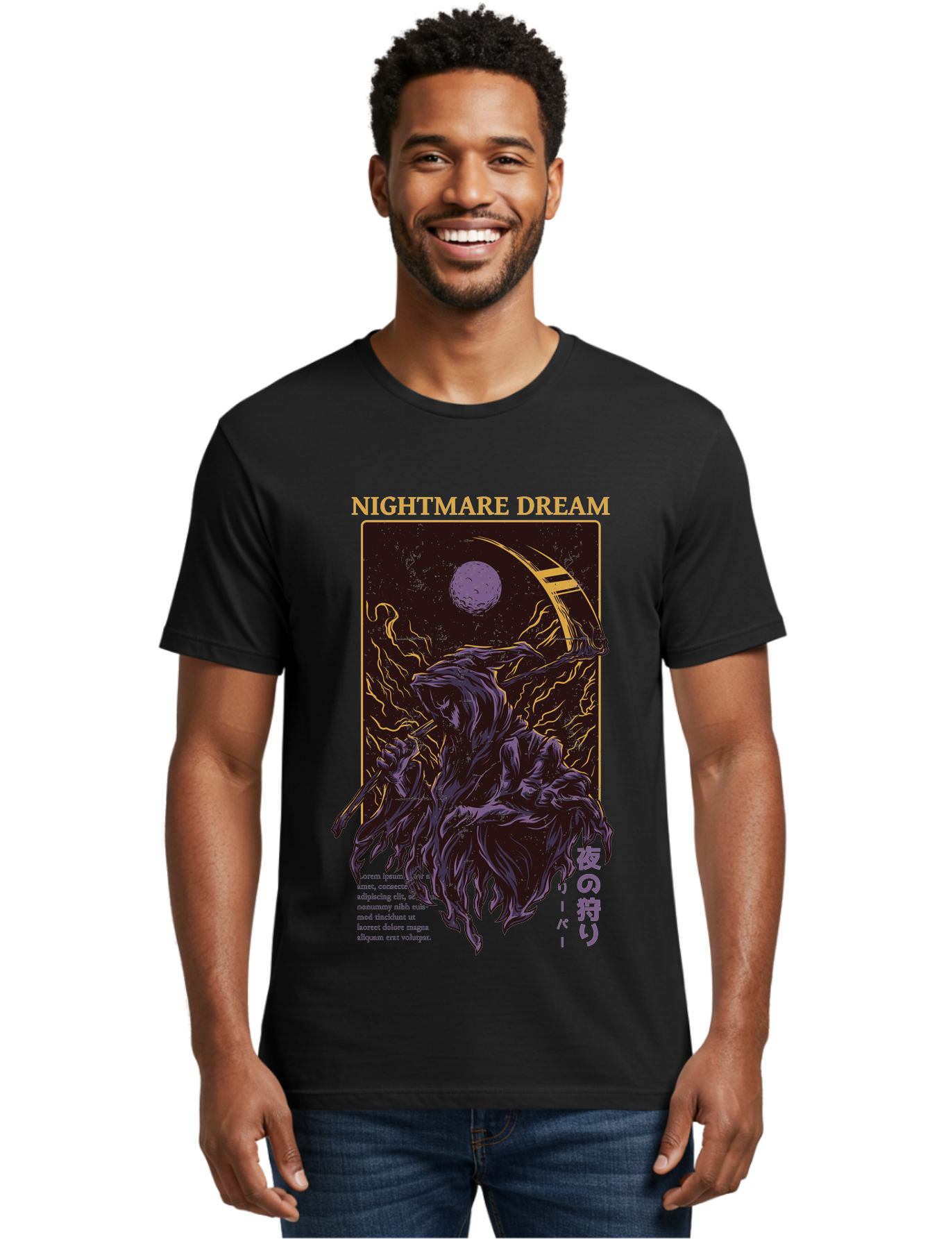 Nightmare Dream Men'S Graphic Tee, 100% Cotton, Comfortable Casual Summer Wear, Machine Washable, Grim Reaper Illustration, Nightmares And Dreams, Dark Fantasy, Purple And Gold, Mystical Night, Reaper With Scythe, Horror Elements, Aae534
