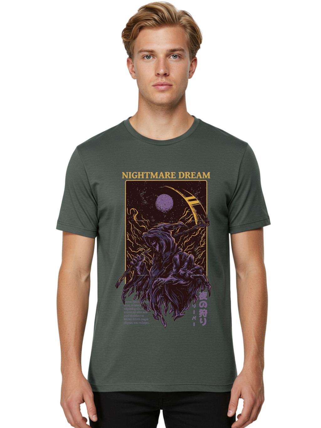 Nightmare Dream Men'S Graphic Tee, 100% Cotton, Comfortable Casual Summer Wear, Machine Washable, Grim Reaper Illustration, Nightmares And Dreams, Dark Fantasy, Purple And Gold, Mystical Night, Reaper With Scythe, Horror Elements, Aae534