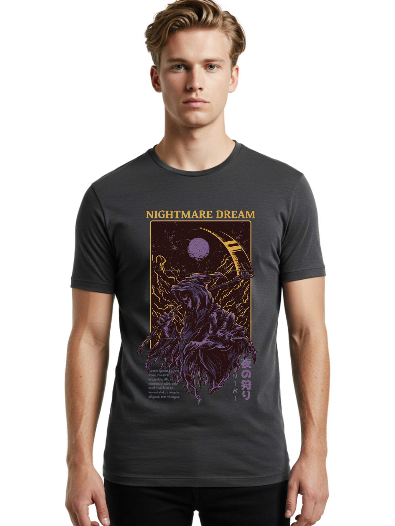Nightmare Dream Men'S Graphic Tee, 100% Cotton, Comfortable Casual Summer Wear, Machine Washable, Grim Reaper Illustration, Nightmares And Dreams, Dark Fantasy, Purple And Gold, Mystical Night, Reaper With Scythe, Horror Elements, Aae534