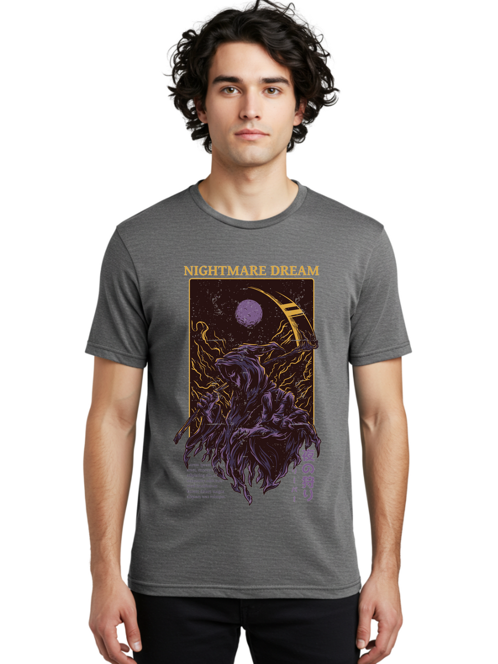 Nightmare Dream Men'S Graphic Tee, 100% Cotton, Comfortable Casual Summer Wear, Machine Washable, Grim Reaper Illustration, Nightmares And Dreams, Dark Fantasy, Purple And Gold, Mystical Night, Reaper With Scythe, Horror Elements, Aae534