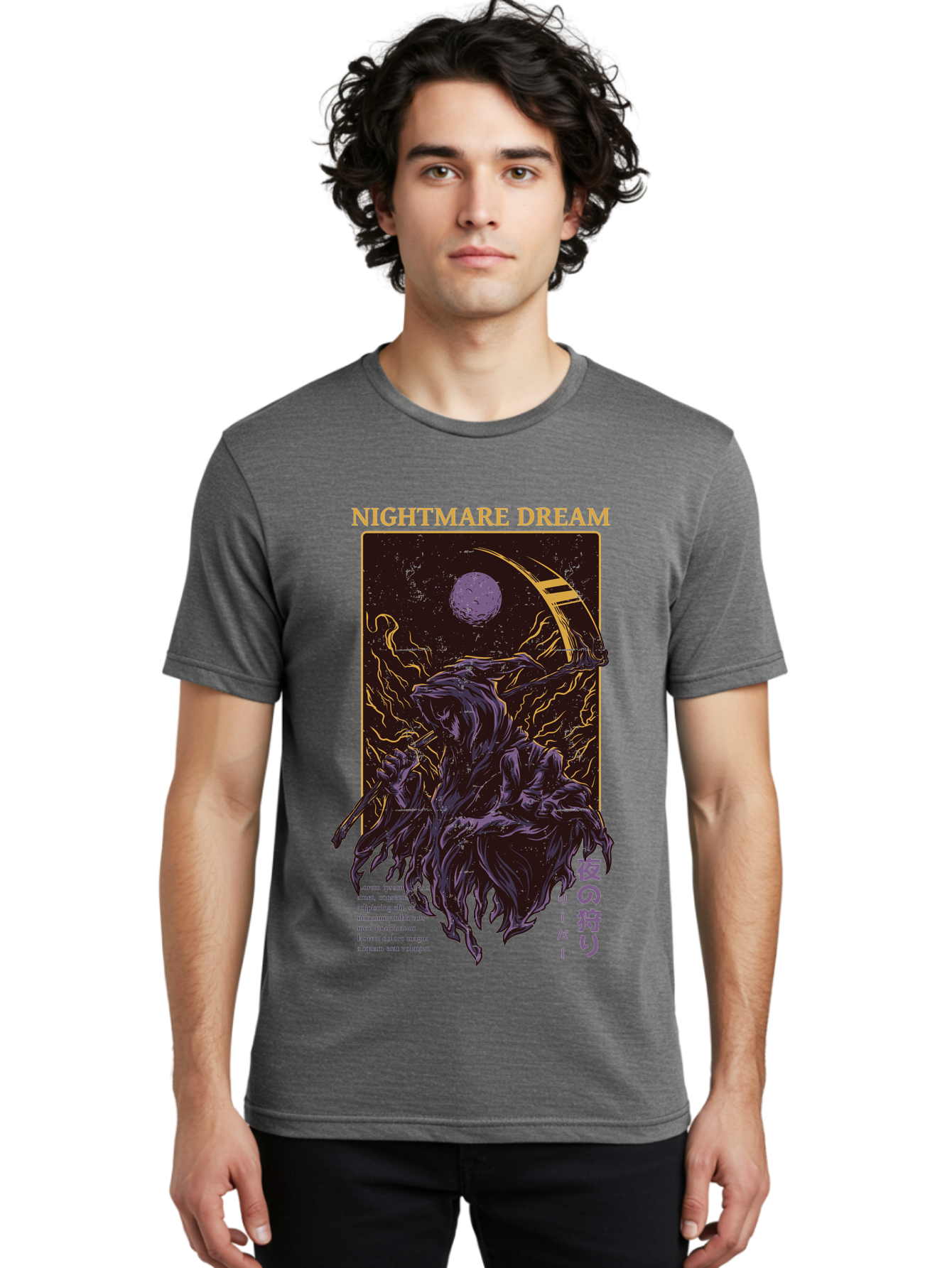 Nightmare Dream Men'S Graphic Tee, 100% Cotton, Comfortable Casual Summer Wear, Machine Washable, Grim Reaper Illustration, Nightmares And Dreams, Dark Fantasy, Purple And Gold, Mystical Night, Reaper With Scythe, Horror Elements, Aae534