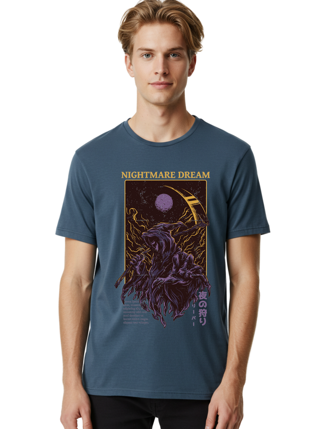 Nightmare Dream Men'S Graphic Tee, 100% Cotton, Comfortable Casual Summer Wear, Machine Washable, Grim Reaper Illustration, Nightmares And Dreams, Dark Fantasy, Purple And Gold, Mystical Night, Reaper With Scythe, Horror Elements, Aae534