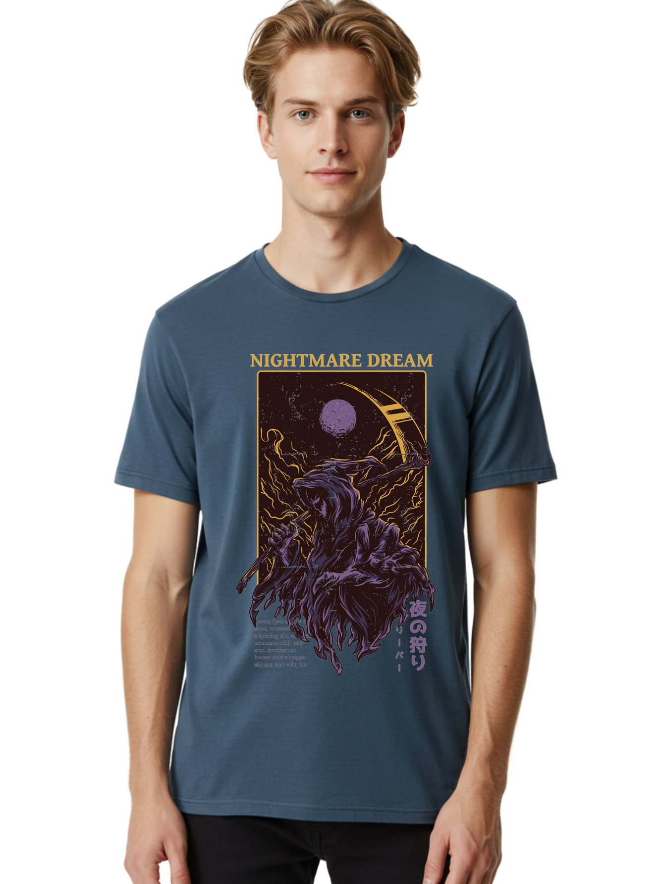 Nightmare Dream Men'S Graphic Tee, 100% Cotton, Comfortable Casual Summer Wear, Machine Washable, Grim Reaper Illustration, Nightmares And Dreams, Dark Fantasy, Purple And Gold, Mystical Night, Reaper With Scythe, Horror Elements, Aae534