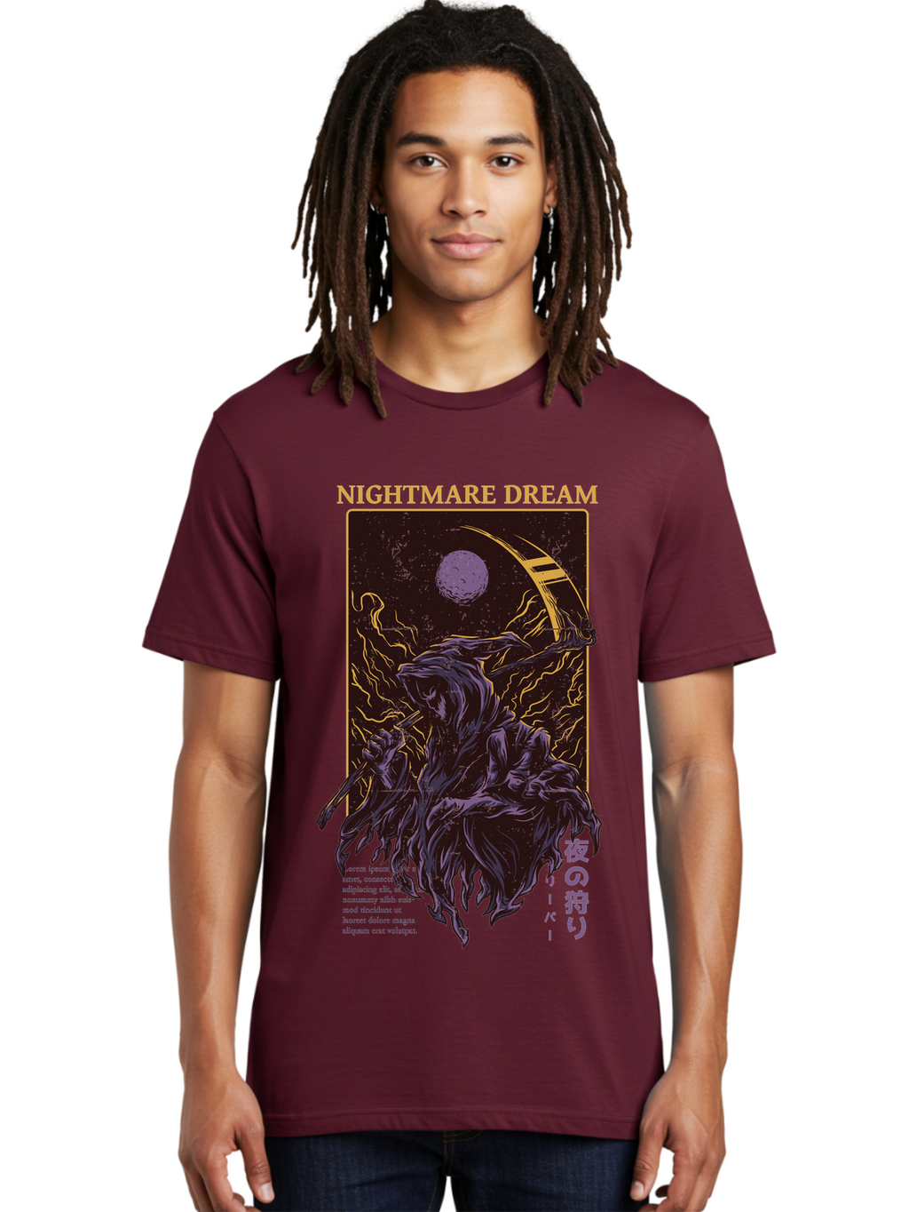 Nightmare Dream Men'S Graphic Tee, 100% Cotton, Comfortable Casual Summer Wear, Machine Washable, Grim Reaper Illustration, Nightmares And Dreams, Dark Fantasy, Purple And Gold, Mystical Night, Reaper With Scythe, Horror Elements, Aae534