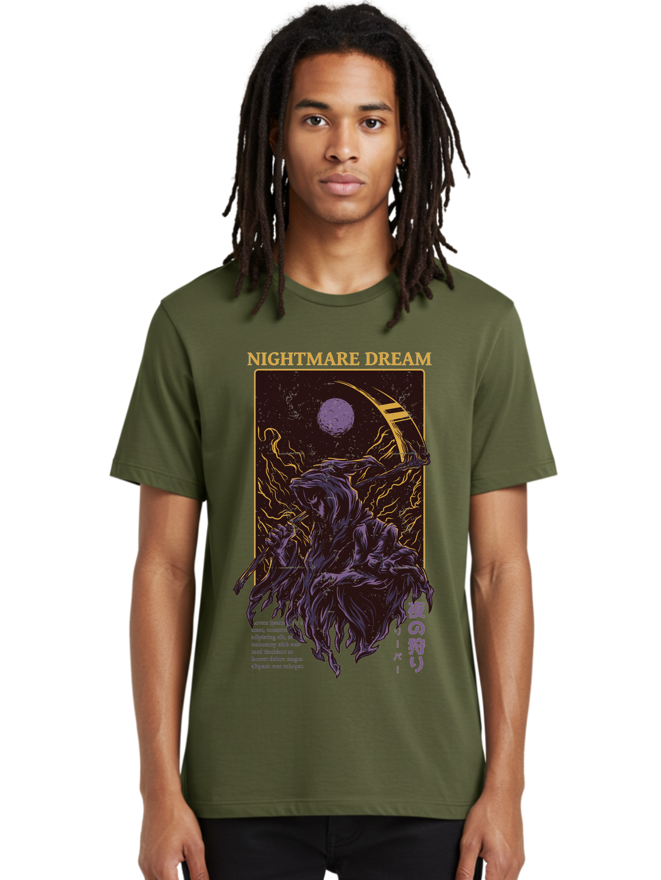 Nightmare Dream Men'S Graphic Tee, 100% Cotton, Comfortable Casual Summer Wear, Machine Washable, Grim Reaper Illustration, Nightmares And Dreams, Dark Fantasy, Purple And Gold, Mystical Night, Reaper With Scythe, Horror Elements, Aae534