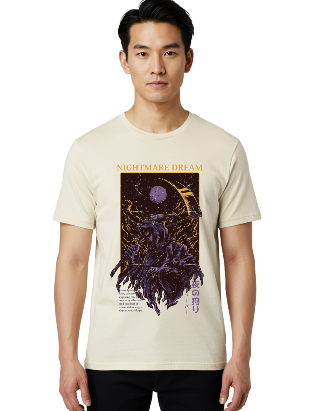Nightmare Dream Men'S Graphic Tee, 100% Cotton, Comfortable Casual Summer Wear, Machine Washable, Grim Reaper Illustration, Nightmares And Dreams, Dark Fantasy, Purple And Gold, Mystical Night, Reaper With Scythe, Horror Elements, Aae534