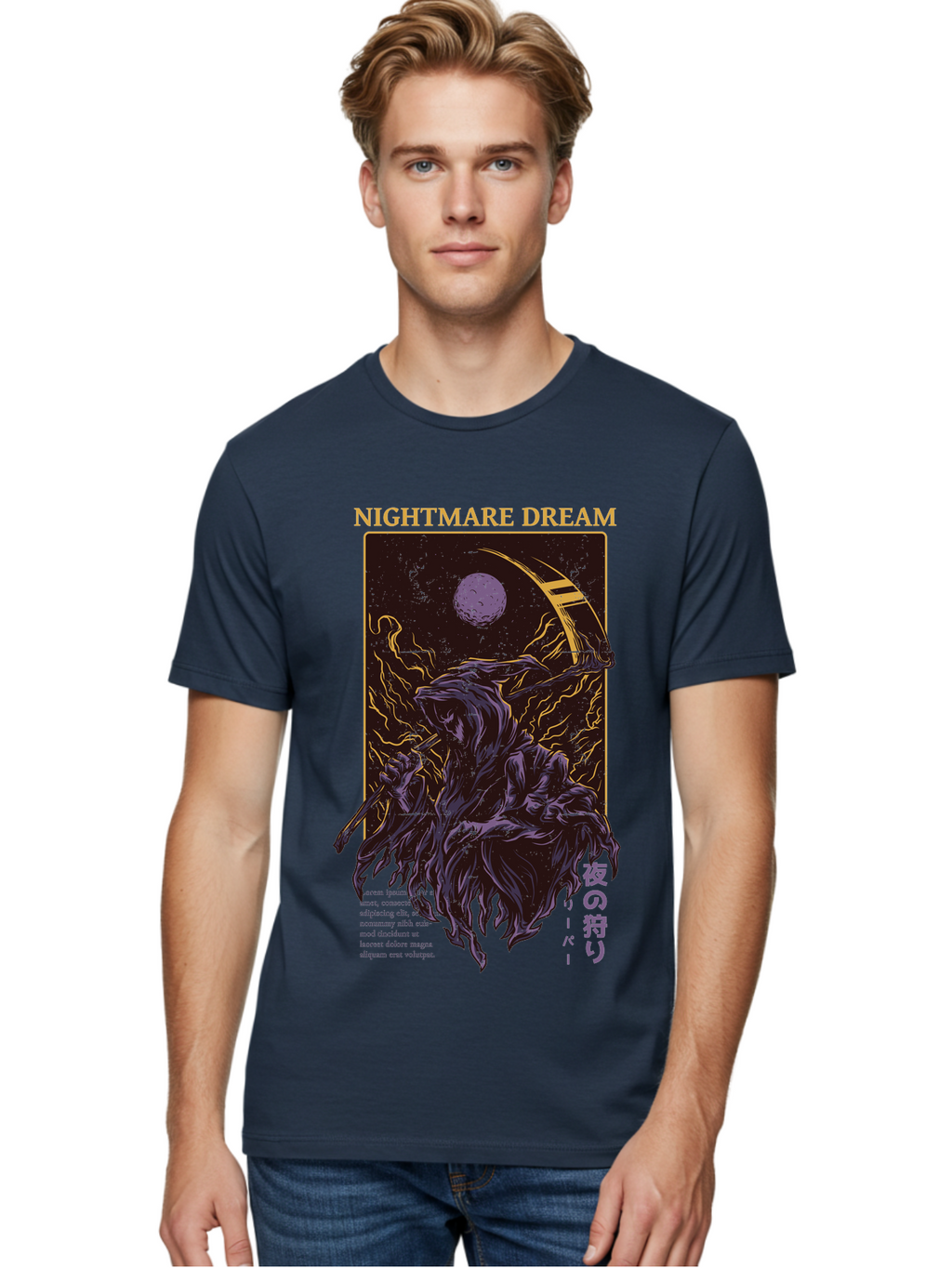 Nightmare Dream Men'S Graphic Tee, 100% Cotton, Comfortable Casual Summer Wear, Machine Washable, Grim Reaper Illustration, Nightmares And Dreams, Dark Fantasy, Purple And Gold, Mystical Night, Reaper With Scythe, Horror Elements, Aae534