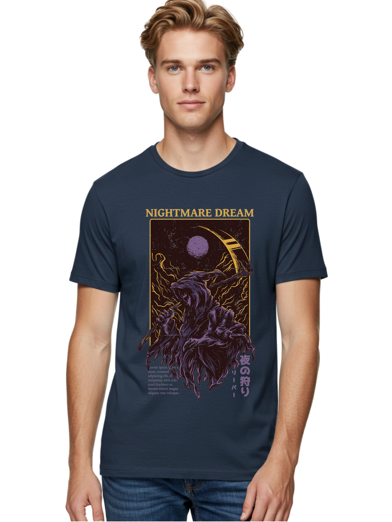 Nightmare Dream Men'S Graphic Tee, 100% Cotton, Comfortable Casual Summer Wear, Machine Washable, Grim Reaper Illustration, Nightmares And Dreams, Dark Fantasy, Purple And Gold, Mystical Night, Reaper With Scythe, Horror Elements, Aae534