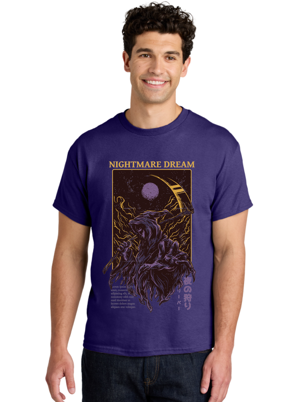 Nightmare Dream Men'S Graphic Tee, 100% Cotton, Comfortable Casual Summer Wear, Machine Washable, Grim Reaper Illustration, Nightmares And Dreams, Dark Fantasy, Purple And Gold, Mystical Night, Reaper With Scythe, Horror Elements, Aae534