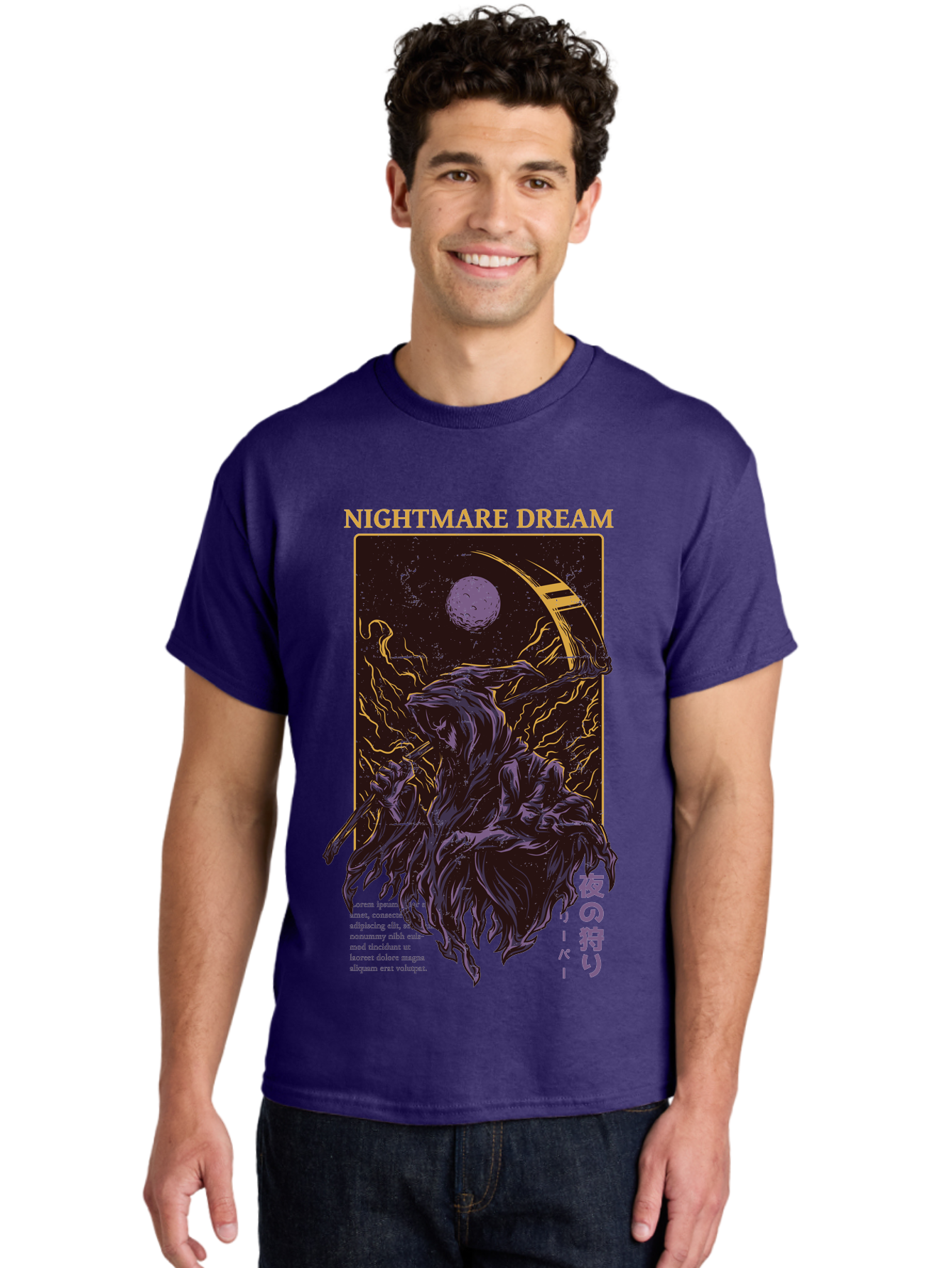 Nightmare Dream Men'S Graphic Tee, 100% Cotton, Comfortable Casual Summer Wear, Machine Washable, Grim Reaper Illustration, Nightmares And Dreams, Dark Fantasy, Purple And Gold, Mystical Night, Reaper With Scythe, Horror Elements, Aae534