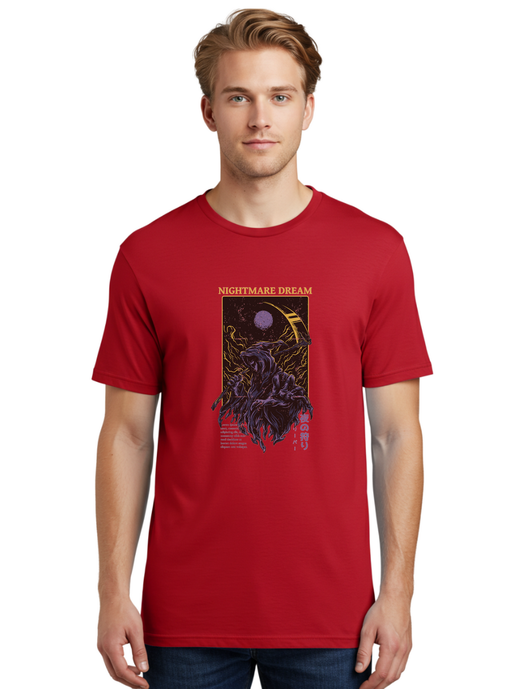 Nightmare Dream Men'S Graphic Tee, 100% Cotton, Comfortable Casual Summer Wear, Machine Washable, Grim Reaper Illustration, Nightmares And Dreams, Dark Fantasy, Purple And Gold, Mystical Night, Reaper With Scythe, Horror Elements, Aae534