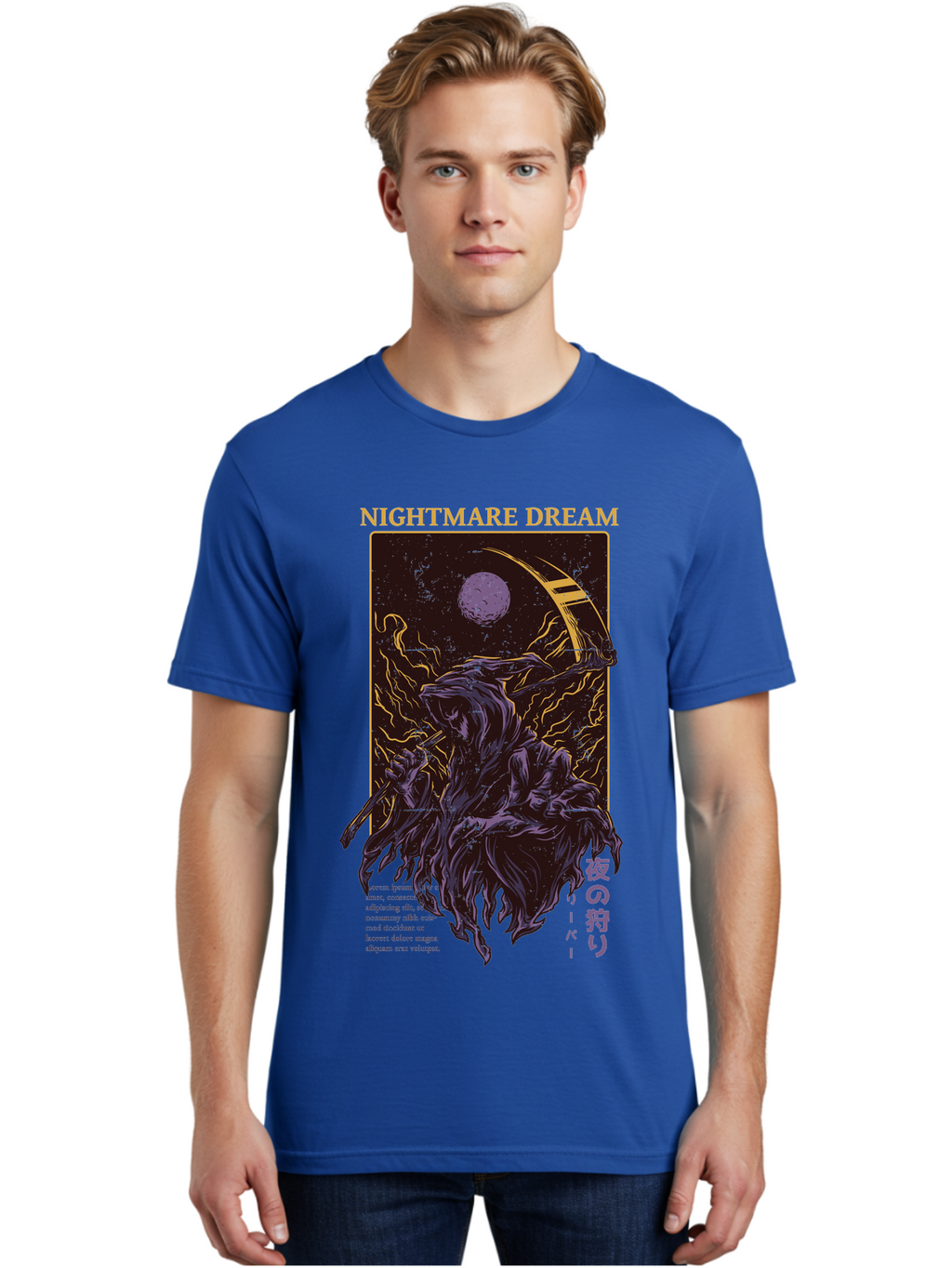 Nightmare Dream Men'S Graphic Tee, 100% Cotton, Comfortable Casual Summer Wear, Machine Washable, Grim Reaper Illustration, Nightmares And Dreams, Dark Fantasy, Purple And Gold, Mystical Night, Reaper With Scythe, Horror Elements, Aae534