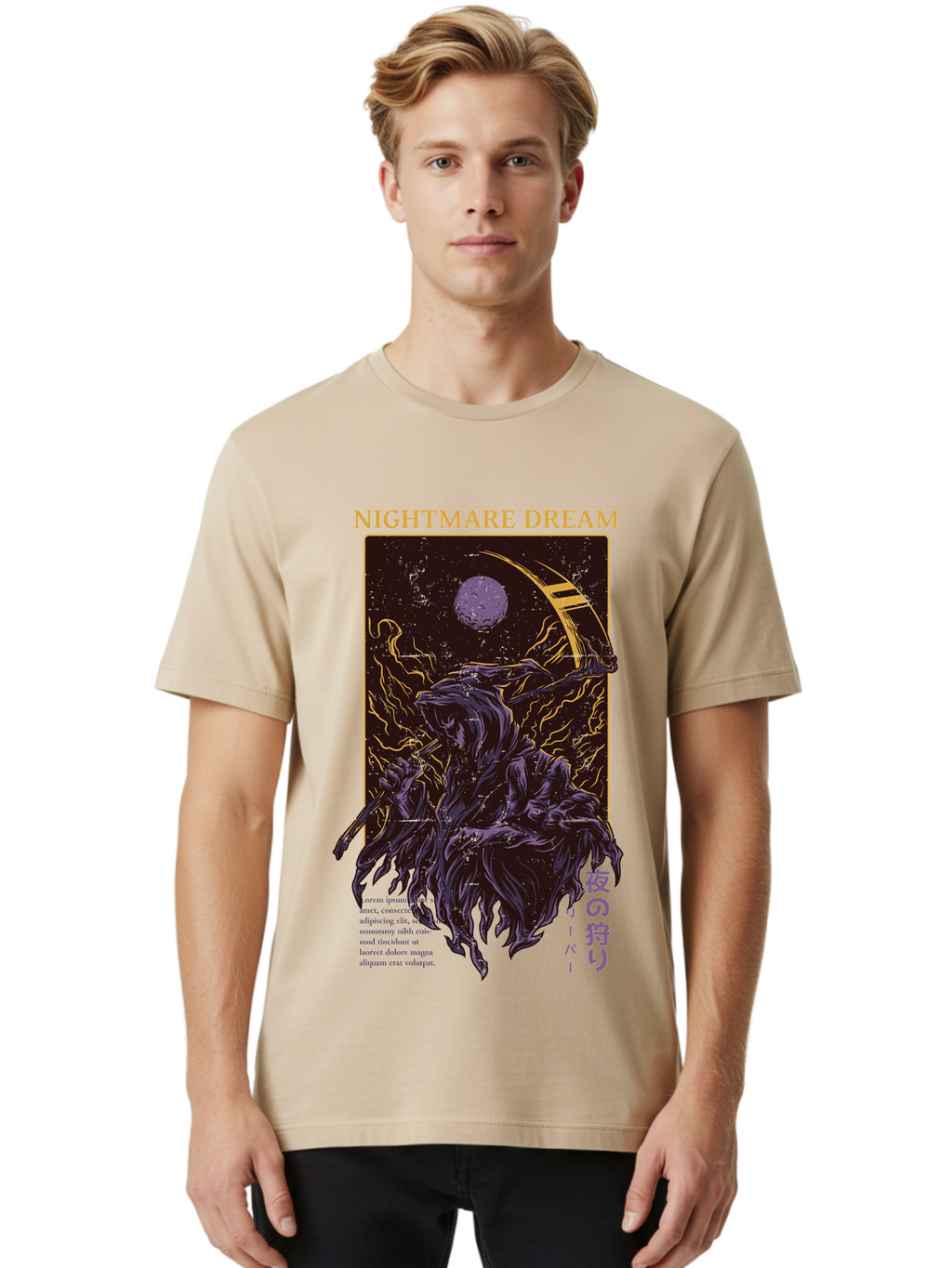 Nightmare Dream Men'S Graphic Tee, 100% Cotton, Comfortable Casual Summer Wear, Machine Washable, Grim Reaper Illustration, Nightmares And Dreams, Dark Fantasy, Purple And Gold, Mystical Night, Reaper With Scythe, Horror Elements, Aae534