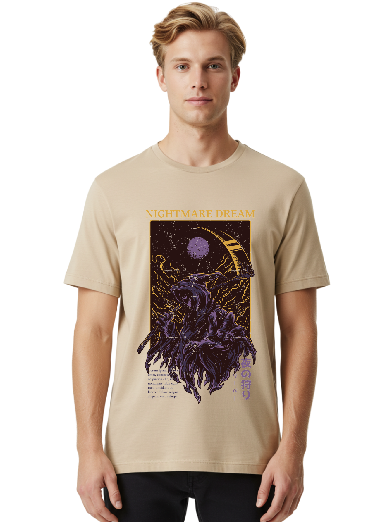 Nightmare Dream Men'S Graphic Tee, 100% Cotton, Comfortable Casual Summer Wear, Machine Washable, Grim Reaper Illustration, Nightmares And Dreams, Dark Fantasy, Purple And Gold, Mystical Night, Reaper With Scythe, Horror Elements, Aae534
