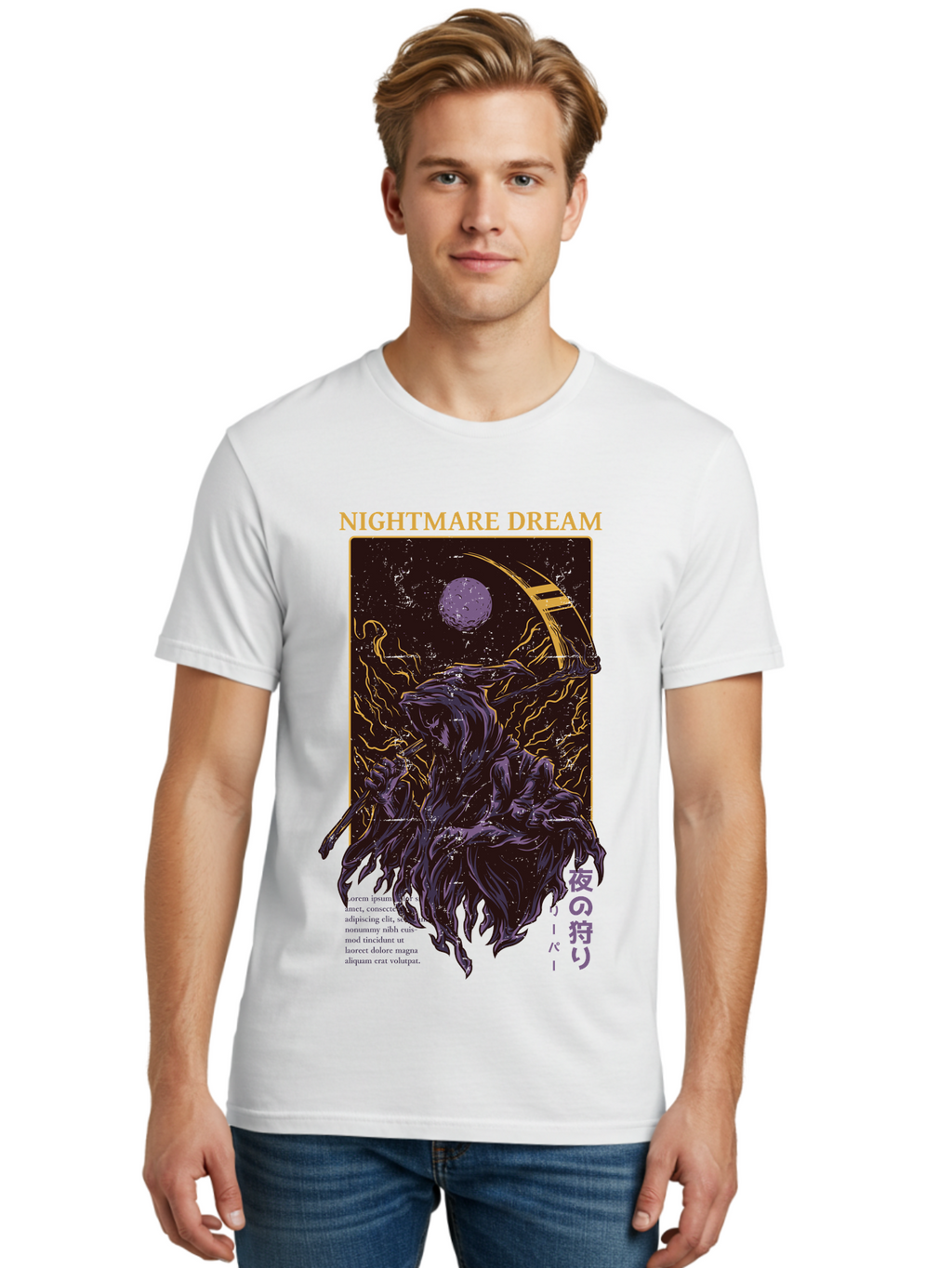 Nightmare Dream Men'S Graphic Tee, 100% Cotton, Comfortable Casual Summer Wear, Machine Washable, Grim Reaper Illustration, Nightmares And Dreams, Dark Fantasy, Purple And Gold, Mystical Night, Reaper With Scythe, Horror Elements, Aae534