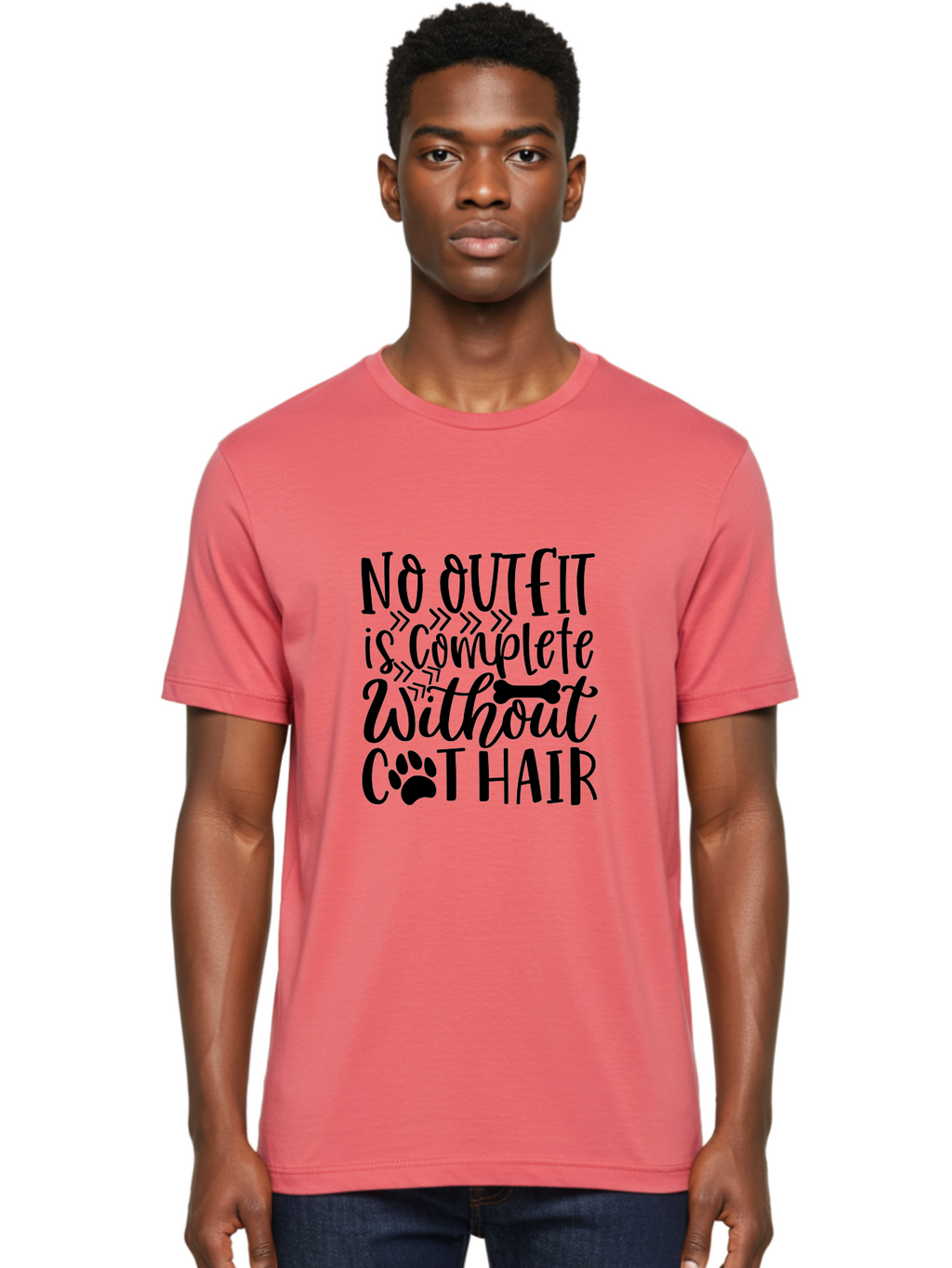 No Outfit Is Complete Without Cat Hair Men'S Graphic Tee, 100% Cotton, Comfortable Casual Summer Wear, Machine Washable, Funny Cat Quote, Cat Hair Humor, Pet Lovers, Cat Mom, Cat Dad, Pet Hair, Cat Humor, Cat Puns, Funny Pet Quotes Aae535