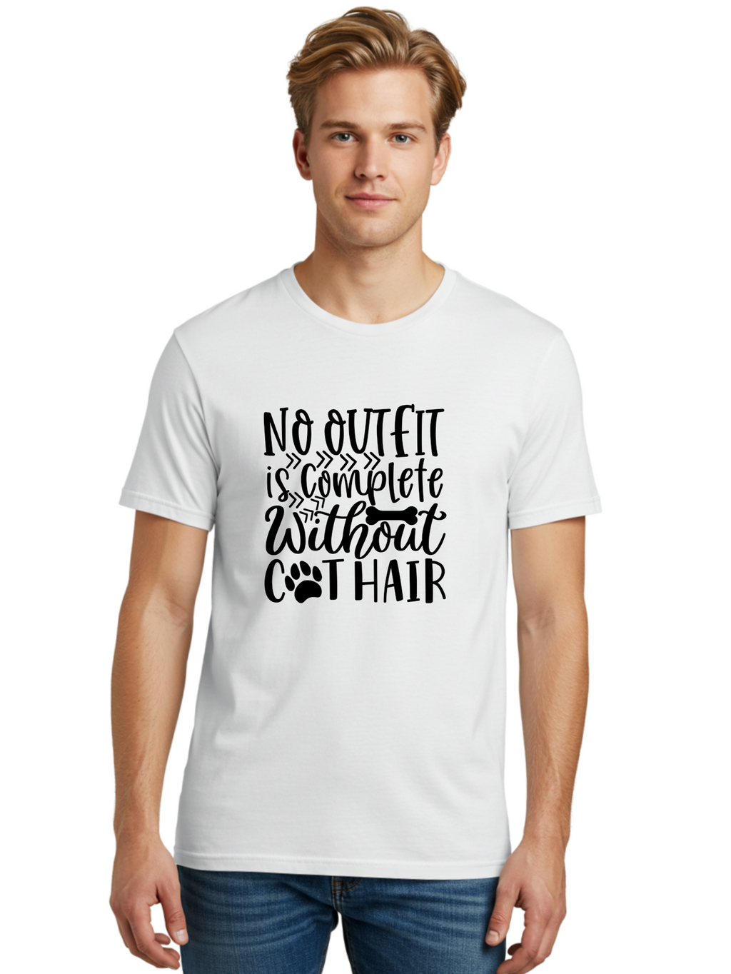 No Outfit Is Complete Without Cat Hair Men'S Graphic Tee, 100% Cotton, Comfortable Casual Summer Wear, Machine Washable, Funny Cat Quote, Cat Hair Humor, Pet Lovers, Cat Mom, Cat Dad, Pet Hair, Cat Humor, Cat Puns, Funny Pet Quotes Aae535