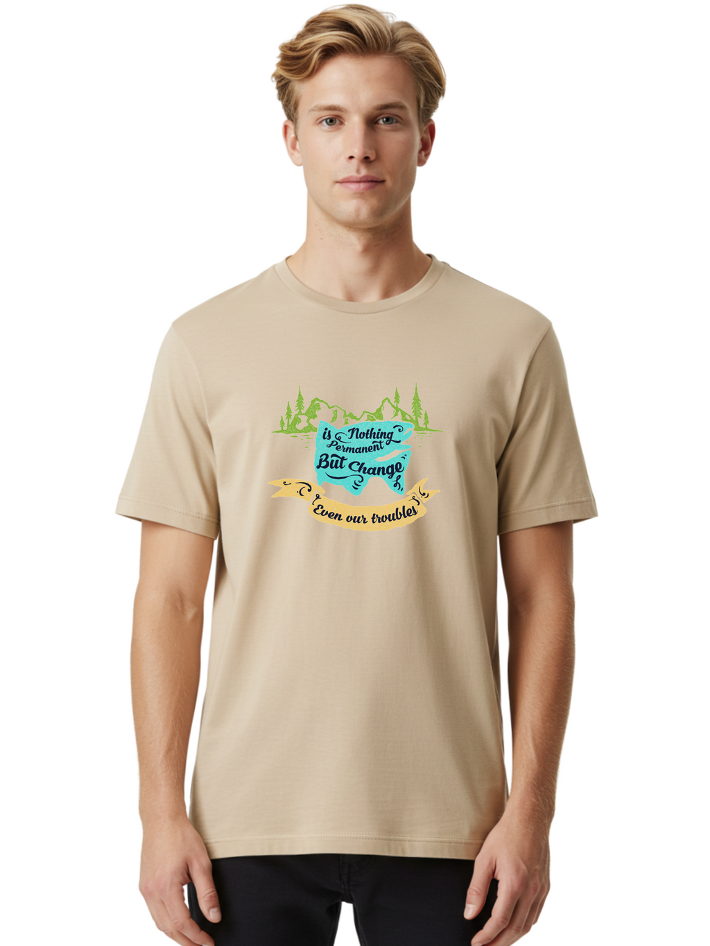Nothing Is Permanent Men'S Graphic Tee, 100% Cotton, Comfortable Casual Summer Wear, Machine Washable, Inspirational Quote, Motivational Words, Change Is Life, Overcoming Troubles, Disney Magic, Wisdom, Positive Vibes, Cityscape, Aae544