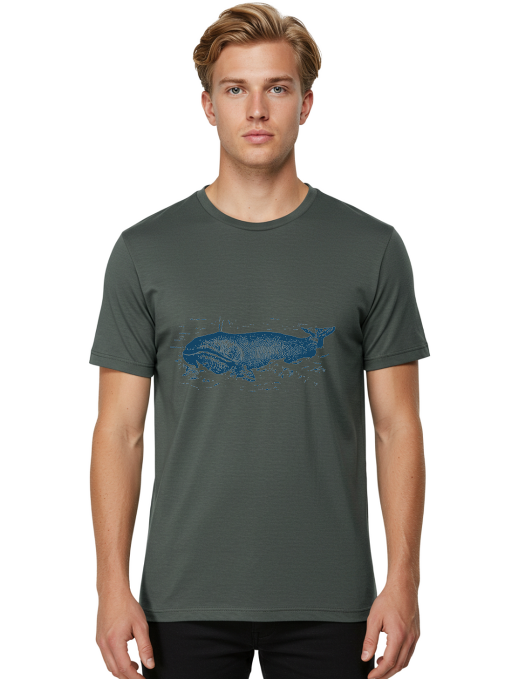 Ocean Soul Men'S Graphic Tee, 100% Cotton, Comfortable Casual Summer Wear, Machine Washable, Whale In Water, Marine Life, Ocean Creature, Aquatic Mammal, Large Sea Animal, Wildlife Illustration, Monochrome Art Aae548