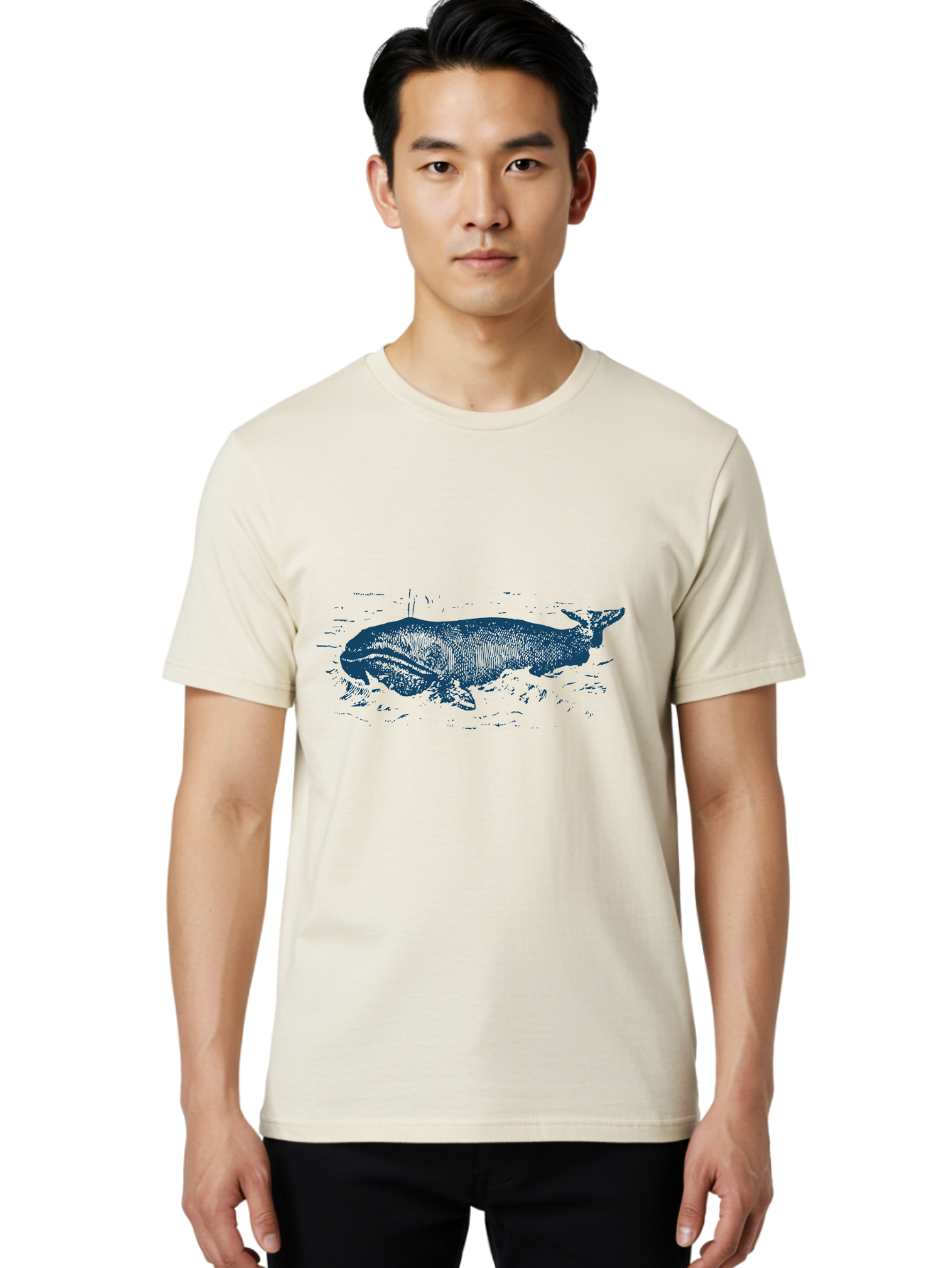 Ocean Soul Men'S Graphic Tee, 100% Cotton, Comfortable Casual Summer Wear, Machine Washable, Whale In Water, Marine Life, Ocean Creature, Aquatic Mammal, Large Sea Animal, Wildlife Illustration, Monochrome Art Aae548