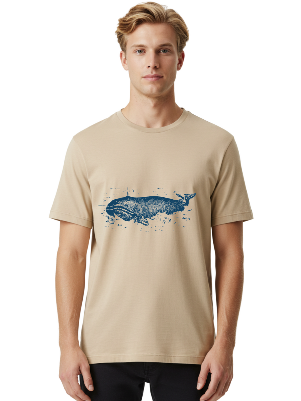 Ocean Soul Men'S Graphic Tee, 100% Cotton, Comfortable Casual Summer Wear, Machine Washable, Whale In Water, Marine Life, Ocean Creature, Aquatic Mammal, Large Sea Animal, Wildlife Illustration, Monochrome Art Aae548