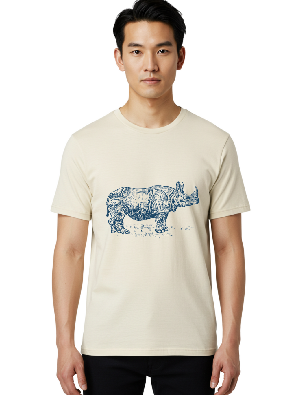 Old School Rhino Art Men'S Graphic Tee, 100% Cotton, Comfortable Casual Summer Wear, Machine Washable, Rhinoceros Illustration, Wildlife Art, Animal Portrait, Detailed Drawing, Horned Creature, Sketch Style, Exotic Animal, Wild Nature Aae555