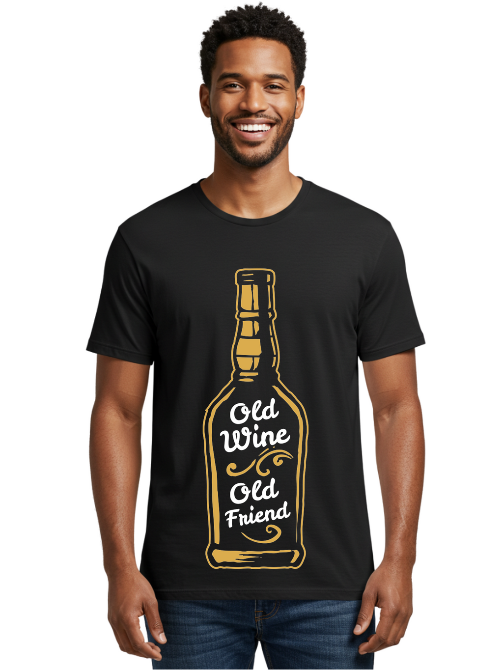 Old Wine Old Friend Men'S Graphic Tee, 100% Cotton, Comfortable Casual Summer Wear, Machine Washable, Wine Bottle Graphic, Old Wine Old Friend, Friendship Quote, Wine Lover Gift, Vintage Style Illustration, Wine Appreciation, Wine Bottle Art Aae557
