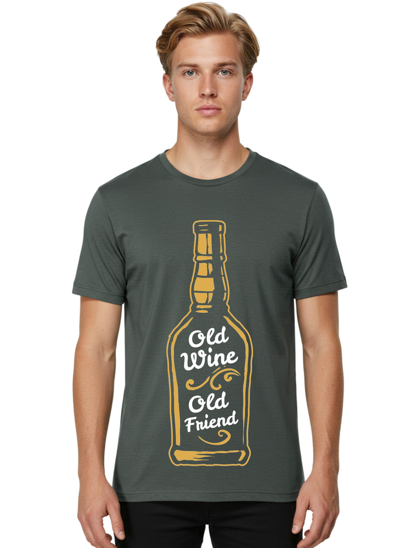 Old Wine Old Friend Men'S Graphic Tee, 100% Cotton, Comfortable Casual Summer Wear, Machine Washable, Wine Bottle Graphic, Old Wine Old Friend, Friendship Quote, Wine Lover Gift, Vintage Style Illustration, Wine Appreciation, Wine Bottle Art Aae557