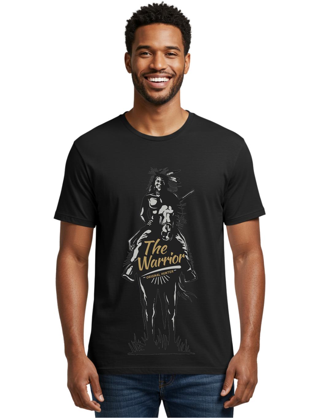 Original Hunter Men'S Graphic Tee, 100% Cotton, Comfortable Casual Summer Wear, Machine Washable, Native American Warrior On Horseback, Original Whiskey, Black And Gold Illustration, Tribal Pride, Cultural Heritage, Whiskey Branding Aae568