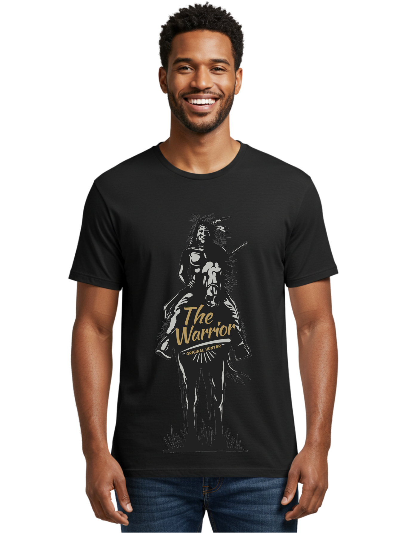Original Hunter Men'S Graphic Tee, 100% Cotton, Comfortable Casual Summer Wear, Machine Washable, Native American Warrior On Horseback, Original Whiskey, Black And Gold Illustration, Tribal Pride, Cultural Heritage, Whiskey Branding Aae568