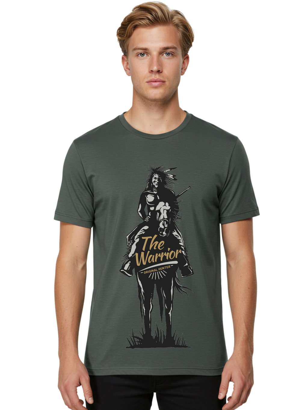 Original Hunter Men'S Graphic Tee, 100% Cotton, Comfortable Casual Summer Wear, Machine Washable, Native American Warrior On Horseback, Original Whiskey, Black And Gold Illustration, Tribal Pride, Cultural Heritage, Whiskey Branding Aae568