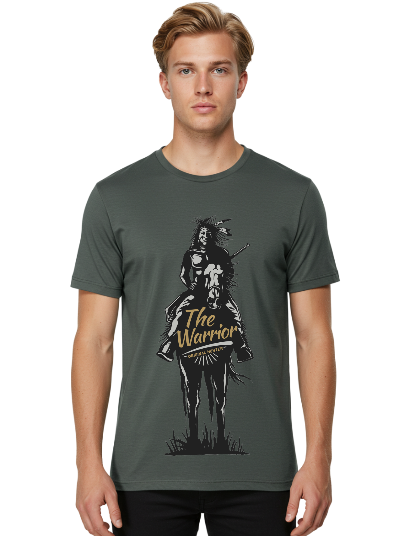Original Hunter Men'S Graphic Tee, 100% Cotton, Comfortable Casual Summer Wear, Machine Washable, Native American Warrior On Horseback, Original Whiskey, Black And Gold Illustration, Tribal Pride, Cultural Heritage, Whiskey Branding Aae568