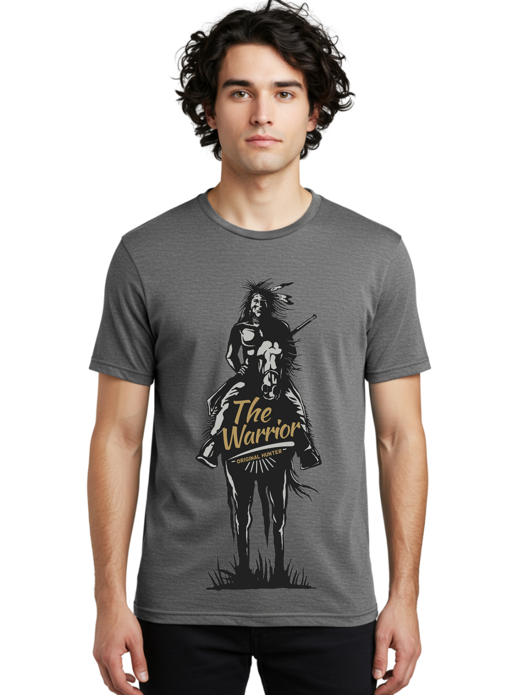Original Hunter Men'S Graphic Tee, 100% Cotton, Comfortable Casual Summer Wear, Machine Washable, Native American Warrior On Horseback, Original Whiskey, Black And Gold Illustration, Tribal Pride, Cultural Heritage, Whiskey Branding Aae568