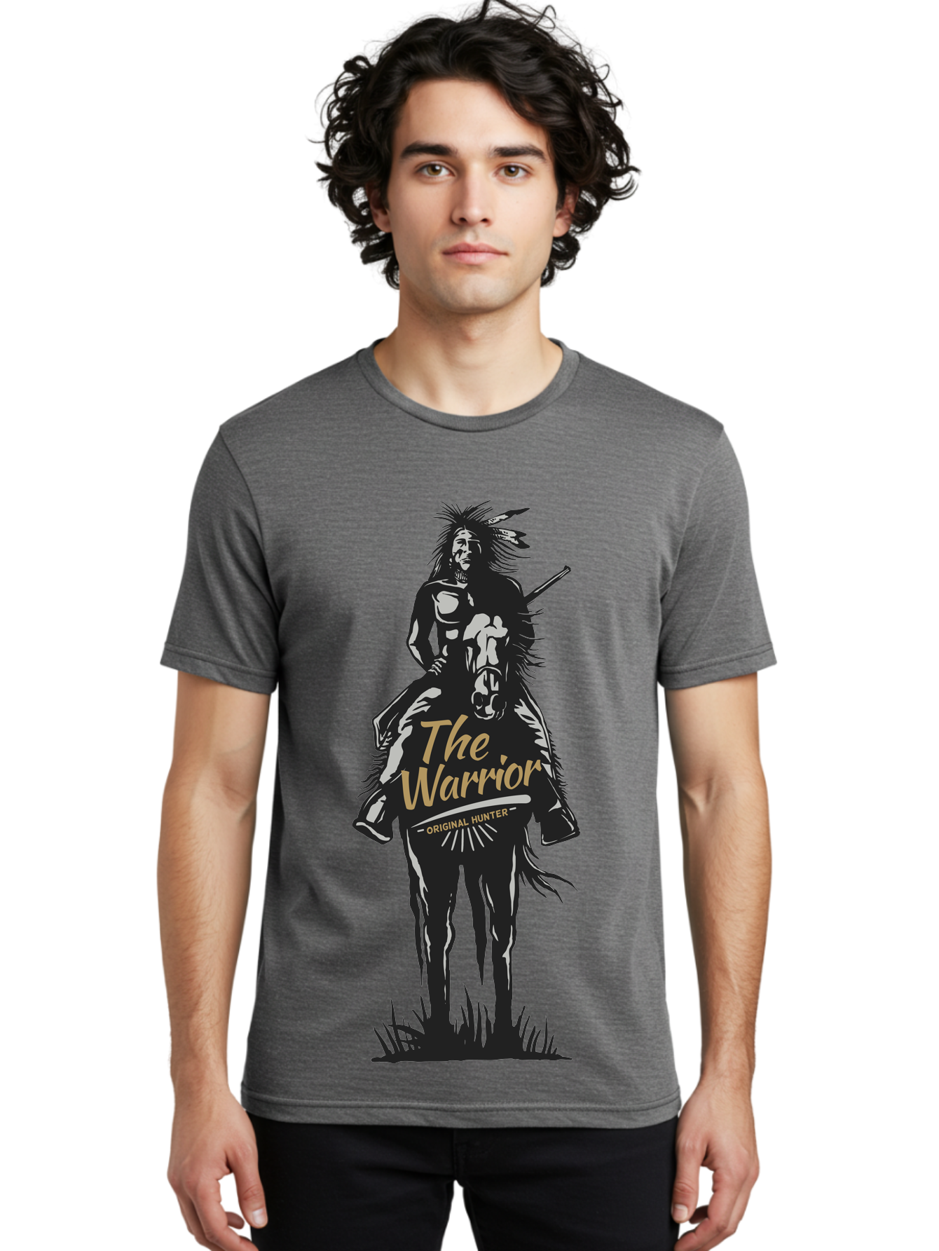 Original Hunter Men'S Graphic Tee, 100% Cotton, Comfortable Casual Summer Wear, Machine Washable, Native American Warrior On Horseback, Original Whiskey, Black And Gold Illustration, Tribal Pride, Cultural Heritage, Whiskey Branding Aae568