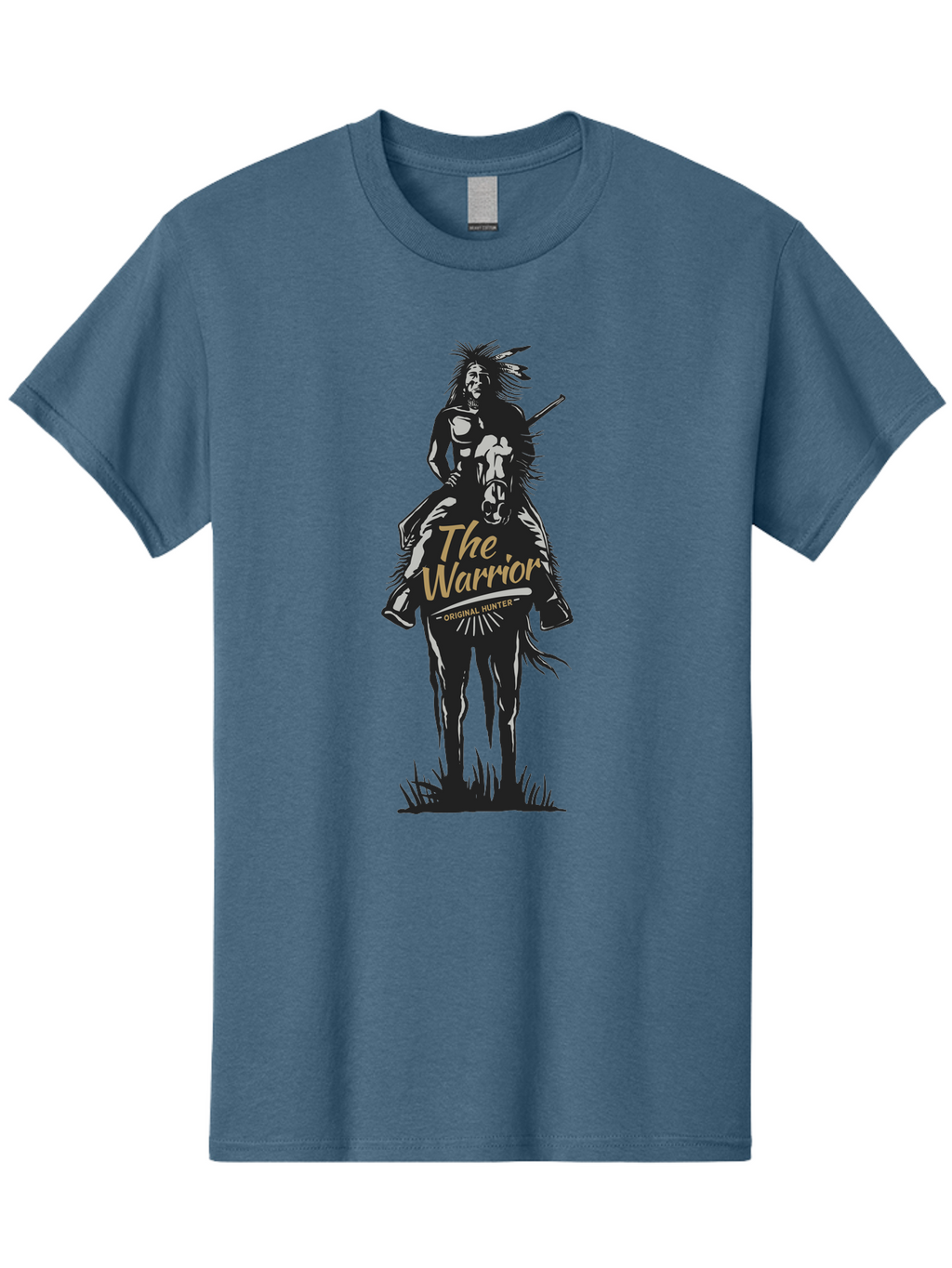 Original Hunter Men'S Graphic Tee, 100% Cotton, Comfortable Casual Summer Wear, Machine Washable, Native American Warrior On Horseback, Original Whiskey, Black And Gold Illustration, Tribal Pride, Cultural Heritage, Whiskey Branding Aae568