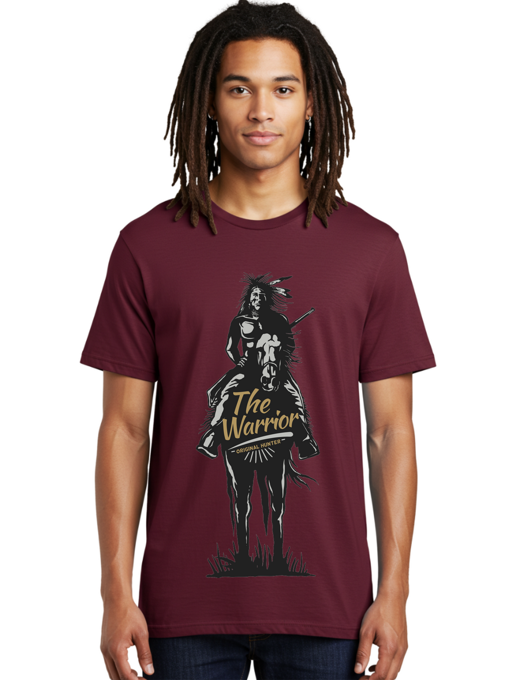 Original Hunter Men'S Graphic Tee, 100% Cotton, Comfortable Casual Summer Wear, Machine Washable, Native American Warrior On Horseback, Original Whiskey, Black And Gold Illustration, Tribal Pride, Cultural Heritage, Whiskey Branding Aae568