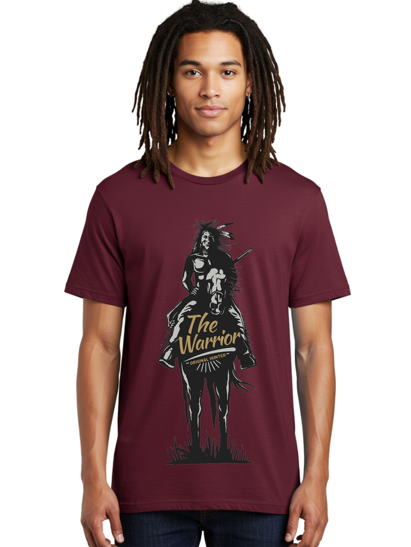 Original Hunter Men'S Graphic Tee, 100% Cotton, Comfortable Casual Summer Wear, Machine Washable, Native American Warrior On Horseback, Original Whiskey, Black And Gold Illustration, Tribal Pride, Cultural Heritage, Whiskey Branding Aae568