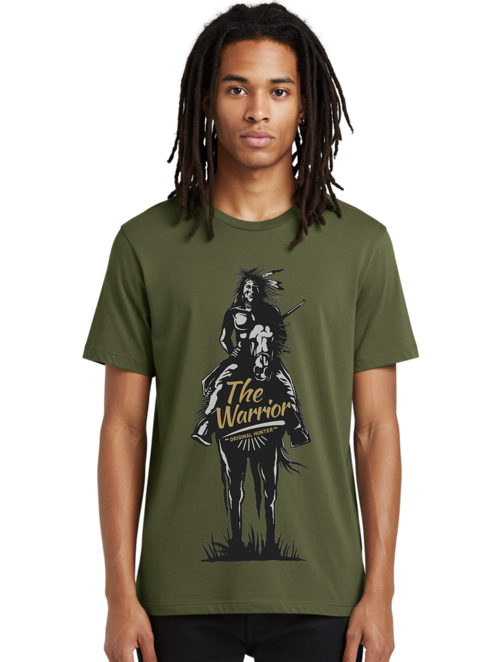 Original Hunter Men'S Graphic Tee, 100% Cotton, Comfortable Casual Summer Wear, Machine Washable, Native American Warrior On Horseback, Original Whiskey, Black And Gold Illustration, Tribal Pride, Cultural Heritage, Whiskey Branding Aae568